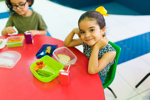 Adorable little girl smiling while eating her sandwich and healthy snacks during lunch break at preschool