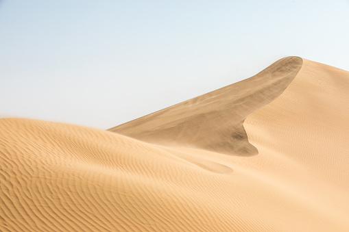 Beautiful simple image of a remote sandy desert landscape of dunes in Liwa desert in Empty Quarter. Abu Dhabi, UAE.