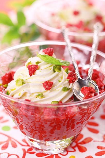 beautiful dessert with rhubarb jam and vanilla, stock photo