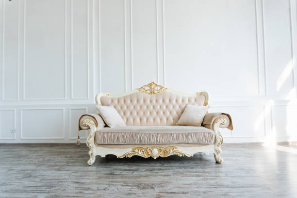아름 다운 비싼 베이지색 소파는 빈 룸에서 흰 벽에 - 궁전 뉴스 사진 이미지