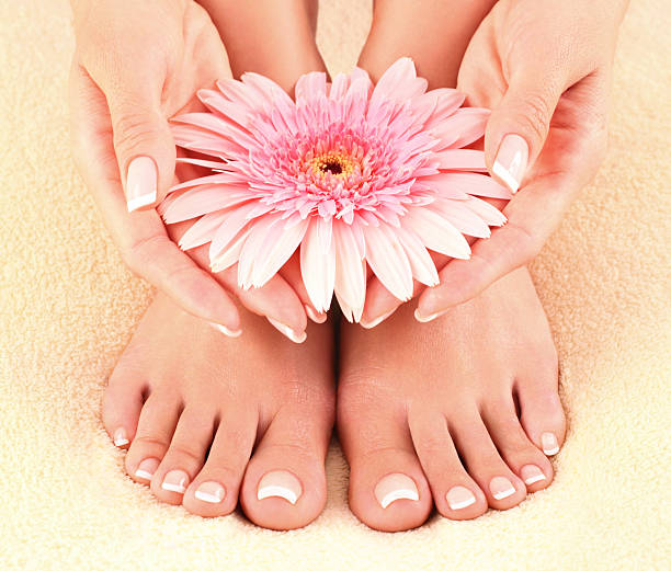Beautiful feet and hands. Closeup of beautiful feet and hands of unrecognizable caucasian woman,example of well done manicure and pedicure. She's holding big pink flower. Top view. nail salon stock pictures, royalty-free photos & images