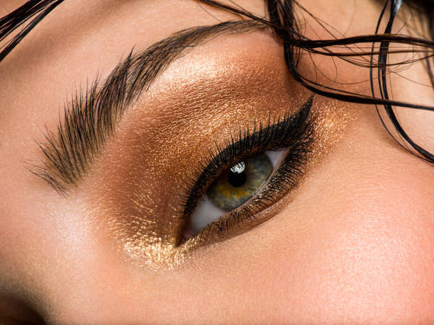 Beautiful female eye with brown, shiny makeup. Fashionable brown makeup. stock photo