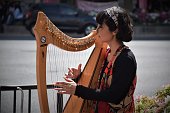 The harp is a stringed musical instrument that has a number of individual strings running at an angle to its soundboard; the strings are plucked with the fingers