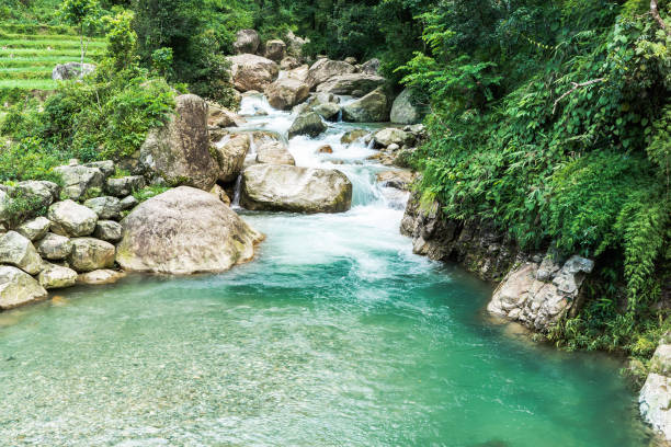 Beautiful landscape with mountain rocky river, stock photo Beautiful landscape with mountain rocky river. Asian landscape, travel and tourism concept. Stock travel photo. spring flowing water stock pictures, royalty-free photos & images