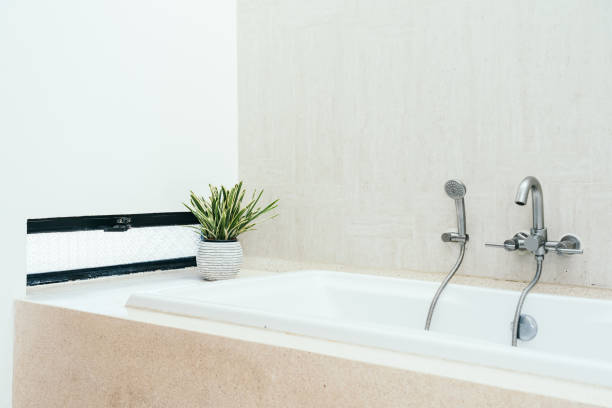 Beautiful luxury white bathtub decoration interior of bathroom stock photo