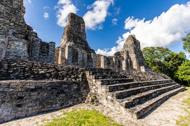 Beautiful Mayan temple with three pyramids in one building in Xpujil, Mexico stock photo