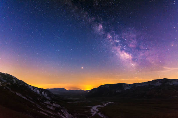 A Beautiful Milky Way over The Mountain of Gran Sasso. stock photo