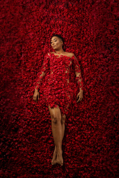 Beautiful mixed race woman in a bed of roses A beautiful woman laying in a colourful bed of red roses and other flowers bed of roses stock pictures, royalty-free photos & images