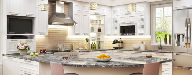Beautiful modern white kitchen with breakfast bar stock photo
