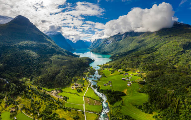 Beautiful Nature Norway natural landscape. lovatnet lake Lodal valley. stock photo