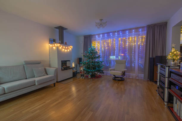 Beautiful night view of room with Christmas decoration. Beautiful Christmas backgrounds. Sweden. stock photo