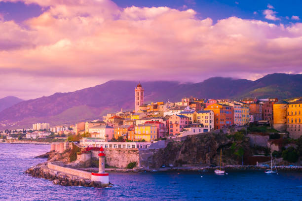 Beautiful panorama of city of Bastia in Corsica. Beautiful panorama of city of Bastia in Corsica. Aerial skyline view of the capital of the island Corsica. bastia stock pictures, royalty-free photos & images