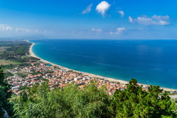 Beautiful panorama viewed form Nicotera over Calabria's Tyrrhenian Coast, Italy stock photo