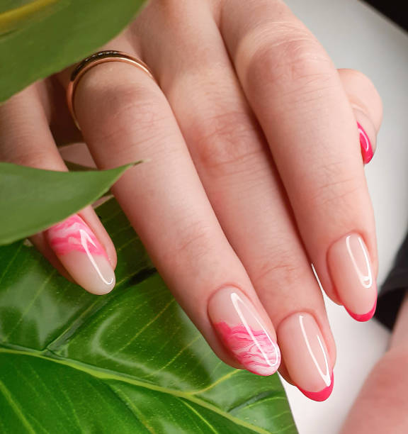 Beautiful pink French manicure with abstract design. Women's fingers with beautiful long nails on a background of green leaves Beautiful pink French manicure with abstract design. Women's fingers with beautiful long nails on a background of green leaves gel nail polish stock pictures, royalty-free photos & images