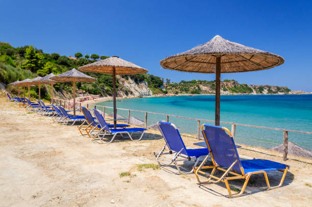 Beautiful Porto Roma sandy beach. It is situated on Vassilikos peninsula on the south east coast of Zakynthos island, Greece. stock photo