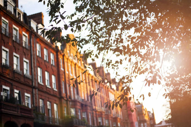 (селективный фокус) красивые красные апартаменты, освещенные на закате в районе челси в лондоне, великобритания. - chelsea стоковые фото и изображения