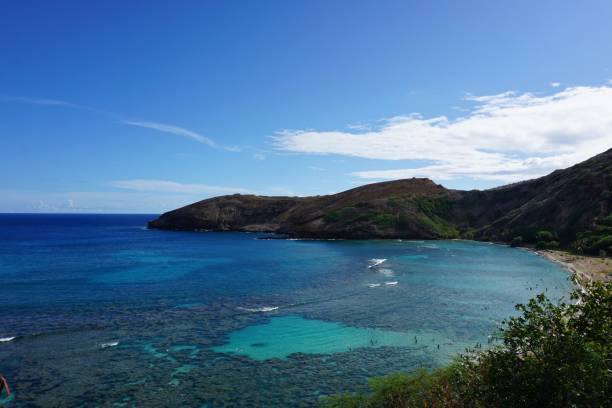 beau paysage dans une baie sur oahu, hawaii - hanauma bay photos et images de collection