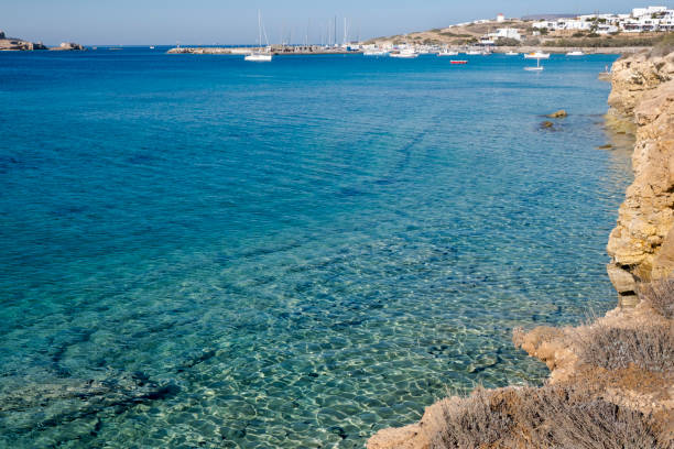 Beautiful sea water in Koufonisia island. Background in shallow sea with small waves in summer morning. Greece stock photo