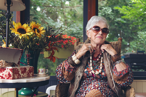 Beautiful senior boho stylish woman, 84 years old