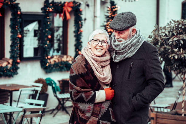 Beautiful senior couple during Christmas stock photo