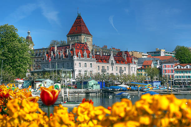 A beautiful sight of Chateau d'Ouchy, Lausanne, Switzerland  stock photo