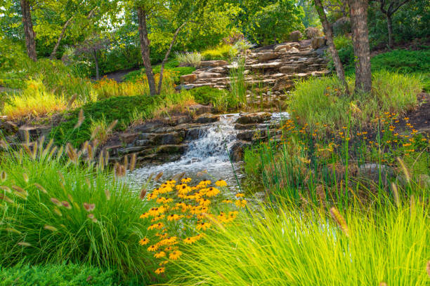 Beautiful small brook with waterfall and flowers-Hamilton County, Indiana stock photo