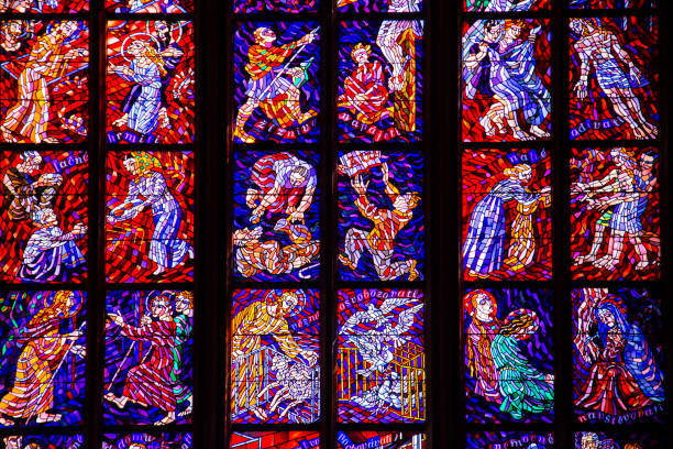 Beautiful Stained Glass Windows in european cathedral Beautiful Stained Glass Windows in european cathedral interior prague art stock pictures, royalty-free photos & images