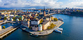 Beautiful Stockholm Old Town seen from sea, aerial view