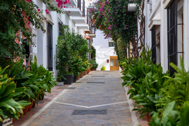 Beautiful streets of Marbella old town. Flowers, old buildings architecture. White houses , blue sky Beautiful streets of Marbella old town. Flowers, old buildings architecture. White houses , blue sky marbella stock pictures, royalty-free photos & images