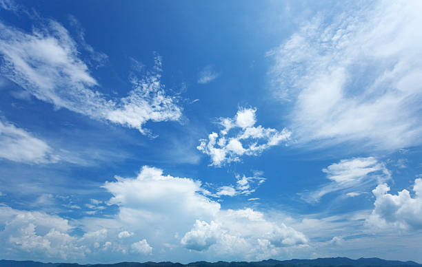 beautiful summer sky, and silhouettes of mountains on horizon - heldere lucht stockfoto's en -beelden