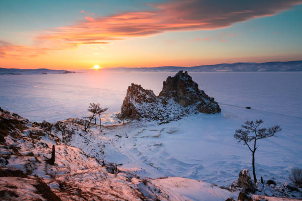 Beautiful sunset at Olkhon island, Baikal lake, Russia stock photo