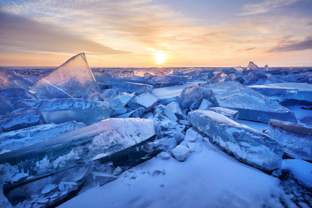 Beautiful sunset landscape of Ice hummock stock photo