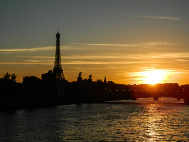 Beautiful sunset panorama of Paris with Eifell tower stock photo