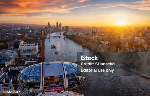 istock Beautiful sunset view over the city of Westminster from top of the famous London Eye 1355459242