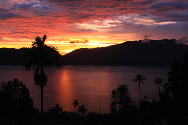 Beautiful sunset with palm trees on Lake Maninjau stock photo