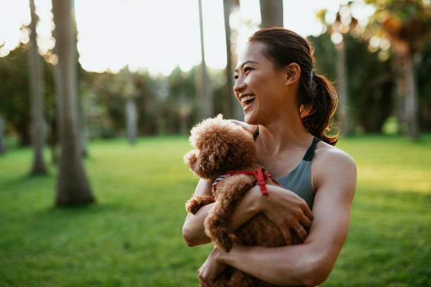 mooie taiwanese sportvrouw met hond in het park - energy boost stockfoto's en -beelden