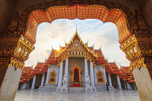 Beautiful Thai temple with sunlight in morning time / Wat Benchamabophit Dusitwanaram public landmark in Bangkok