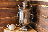 Beautiful traditional vintage russian samovar on the brown background,Russia,Nikon D3x