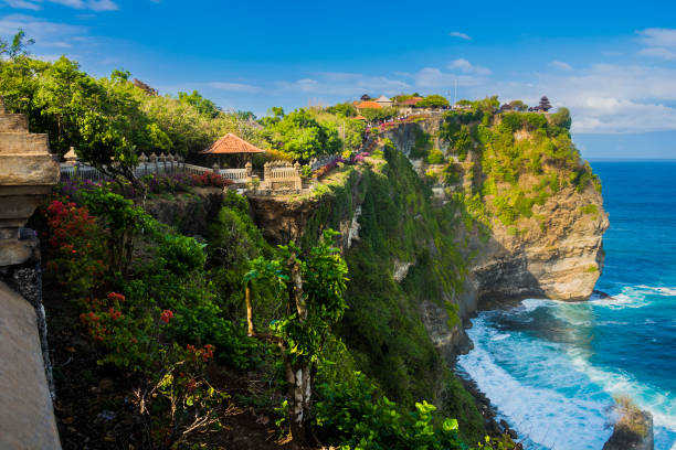 Beautiful Uluwatu Temple perched on top of a cliff in Bali, Indonesia Uluwatu Temple (Pura Luhur Uluwatu) is a Balinese Hindu sea temple located in Uluwatu. One of six key temples believed to be Bali's spiritual pillars, is renowned for its magnificent location, perched on top of a cliff. bali stock pictures, royalty-free photos & images