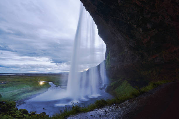 Beautiful view from the side of the Seljalandsfoss waterfall in Iceland stock photo