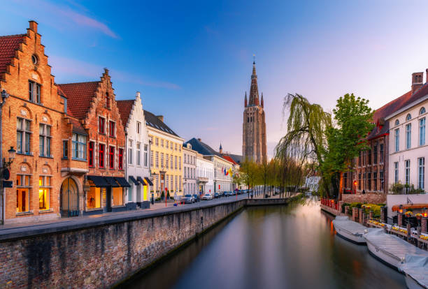 Beautiful view of Bruges (Brugge) old historical town on a sunset in Belgium  brugge, belgium stock pictures, royalty-free photos & images