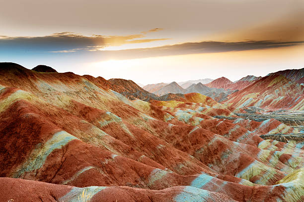 A beautiful view of Danxia at sunset China,Danxia landform is formed from red sandstones and conglomerates of largely Cretaceous age. danxia landform stock pictures, royalty-free photos & images