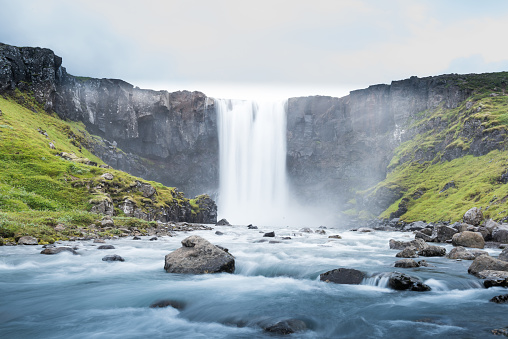 Beautiful view of Gufufoss, a waterfall in Seydisfjordur, Iceland.