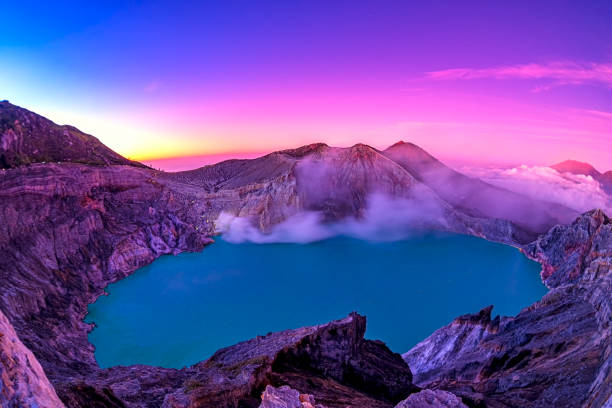 Beautiful view of Kawah Ijen lake and volcano early morning at East Java, Indonesia. stock photo