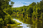 istock Beautiful view of Midwestern river with lush woods reflecting in water on both sides and distant raft at distance 1330103490