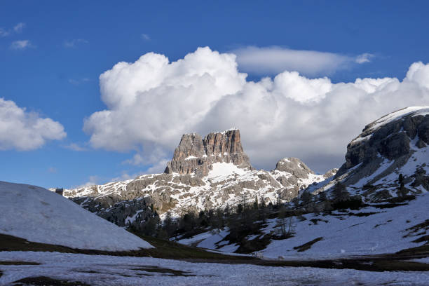 Beautiful view of the Averau mountain in a snowy landscape in the Dolomites mountains in Italy, Europe stock photo