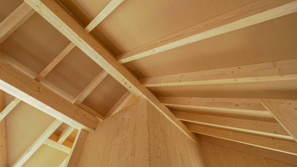 Beautiful view of the ceiling beams of a modern cross laminated timber house. stock photo