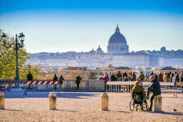 A beautiful view of the skyline of Rome seen from the viewpoint of the Pincio Gardens stock photo