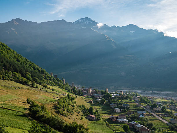Beautiful view of the town of Mestia stock photo