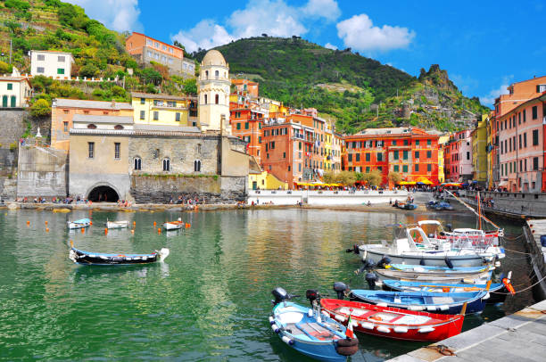 Beautiful view of Vernazza .Is one of five famous colorful villages of Cinque Terre National Park in Italy, suspended between sea and land on sheer cliffs. Liguria region of Italy. Beautiful view of Vernazza .Is one of five famous colorful villages of Cinque Terre National Park in Italy, suspended between sea and land on sheer cliffs. Liguria region of Italy. fishing village stock pictures, royalty-free photos & images